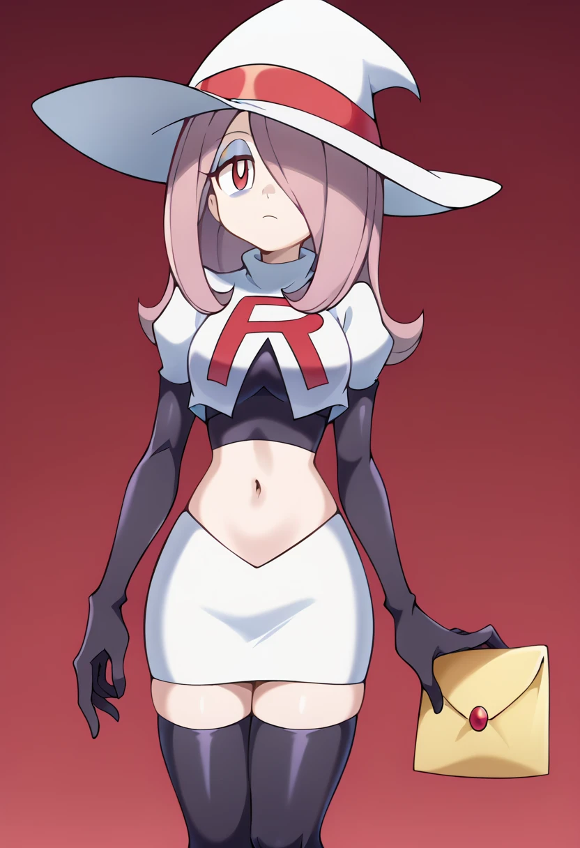 Sucy Manbavaran, solo, team rocket,team rocket uniform,white skirt,red letter R,crop top,black thigh-highs,black elbow gloves, witch hat 