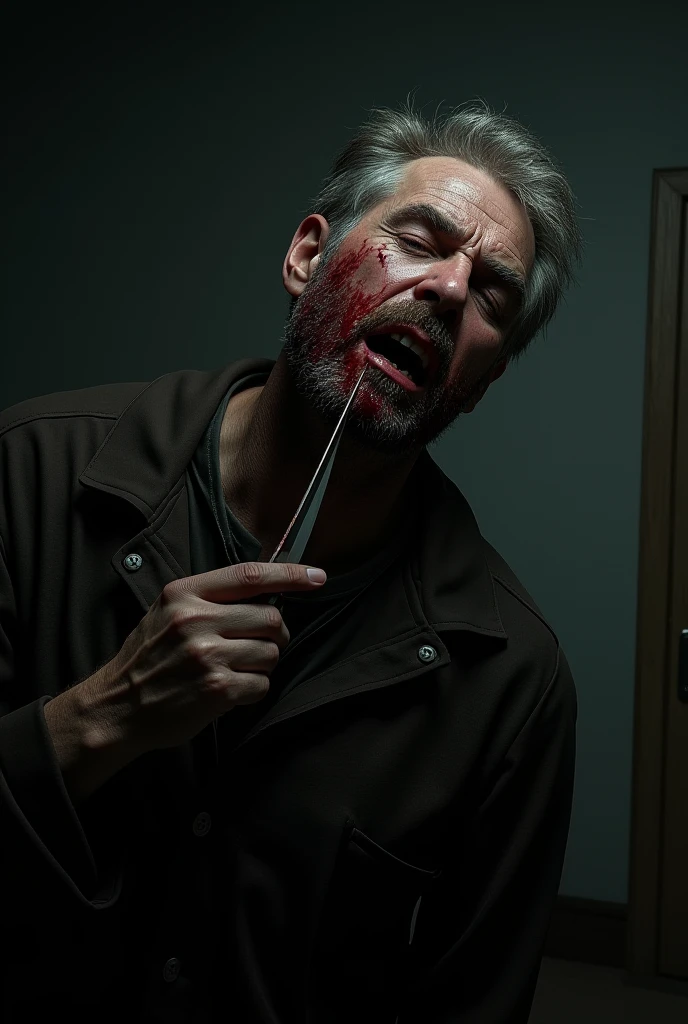 A guy snorting cocaine with bleeding and blood on her face
