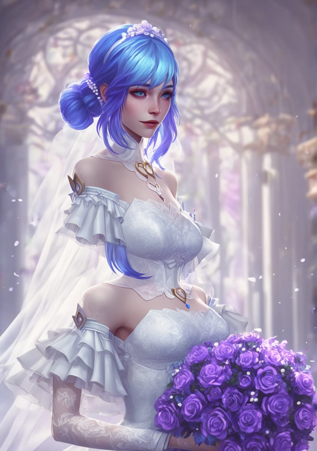 game concept art, blue hair, white wedding dress, realistic lighting, detail shading, 1girl, upper body, mouth closed,  looking at viewer, holding a purple bouquet with two hands