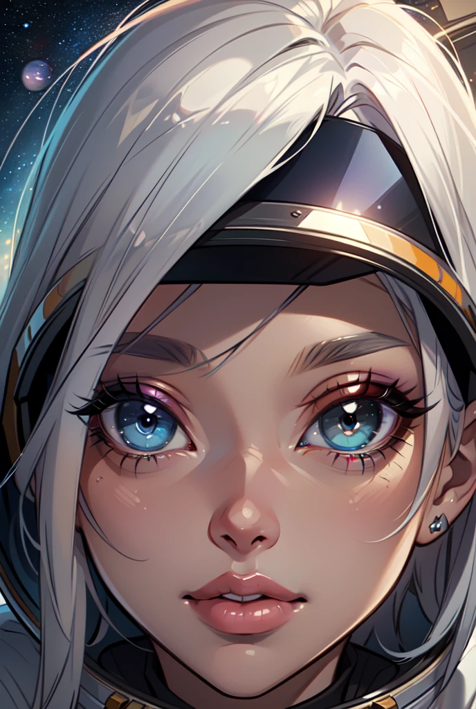 ( close up of a better masterpiece: 1.5) 0.9], (Space and astronauts: 1.2) (Disheveled silver hair: 1.1) ( Heterochromia xanthochromia and blue eyes: 1.2) (space helmet: 1.0) ( Colored stars in the eyes: 1.0) (A radiant glow: 1.1) ( thick lips: 0.9)