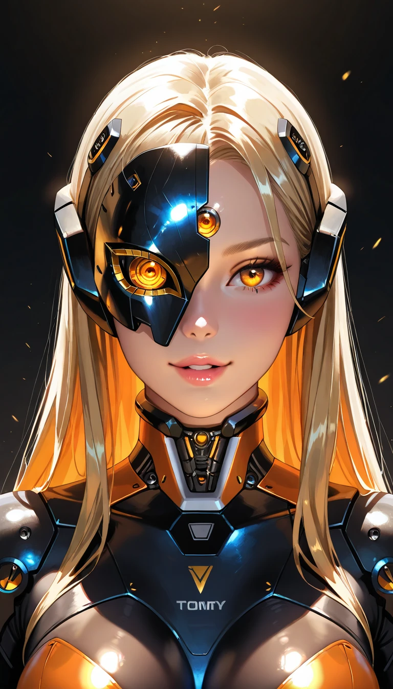 Masterpiece, highest quality, high resolution, eye details, face details,4k, 8k,(realistic, photorealistic: 1.5), cyborg, milf, beautiful face, covered eyes, half mask, half helmet, eyes covered, detailed skin, matte skin, skin pores, seductive, horny, bronze cyborg, android, mechanical components, polished, reflective, orange gold ceramic bodysuit, bombshell, very curvy, narrow waist, very wide hips, thick thighs, thong, beautiful face, flawless face, seductive expression, full lips, parted lips, beautiful, straight hair, very long bronze hair, beautiful hanging rounded breasts, glowing, laboratory background, futuristic, best quality, vibrant, close up, 2.5d, cel shading, soft focus,