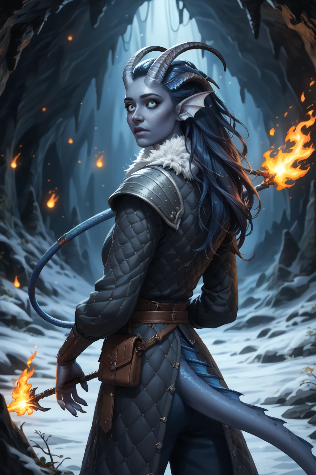 (A snow-covered cedar ,  the winter cedar forest against the background of ), (1Тiefling ,  dark blue-gray skin :1.5), ( very thick long tiefling dragon tail :1.5), ( long black flowing hair with dark blue tips:1.4), ( the bright blue-black pigmentation on the face :1.5), (blue-black freckles :1.2) , ( 2little fins on their heads :1.4), ( Black eyes :1.4), (blue pupils:1.2), ( blue-black pigmentation on the skin :1.5), ( dark grey straight short horns ), ( blue and black pigmentation on the tail :1.5),  girl  , (kind face), (на лице эмоции от coldа), ( medieval fur pants ), (coldно:1.2), [curiosity ], (35 years old:1.5), (adult:1.2), (Deep look:1.3), (looks back in fright:1.5), ( fur collar armor), ( fur armor ), ( medieval fur pants ), (chainmail), (you can see pigmentation on his shoulder ), (tail protection), [ snowy winter ], (in a dark, scary cave, :1.4), (visible in full), (the fiery burning medallion is clutched in the hand:1.4), (dynamic pose:1.3), (очень coldно), (dark:1.2), (blizzard,  snow , cold) , ( top quality ), ( masterpiece fails), ( highest detail),  fantasy background, blue tones, Dark tones, dark shades,  muted colors, [Night], (a dark scary cave in the background).