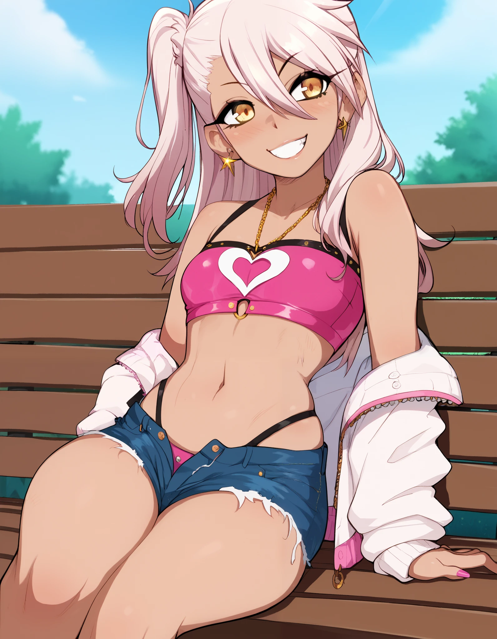 score_9, score_8_up, score_7_up, score_6_up, source_anime, rating_explicit, BREAK, 1girl,solo,smile,outdoor,midriff, pink tube top, denim hotpants, open fly, beld, gyaru clothes, thighighs,sitting,bench, chloe,dark_skinned_female,dark_skin,long_hair,pink_hair,yellow_eyes,hair_between_eyes,white_hair,bangs,small_breasts,,half_updo,one_side_up, young girl, loli:1.3, (afrobull), slender waist, nice hips, slut