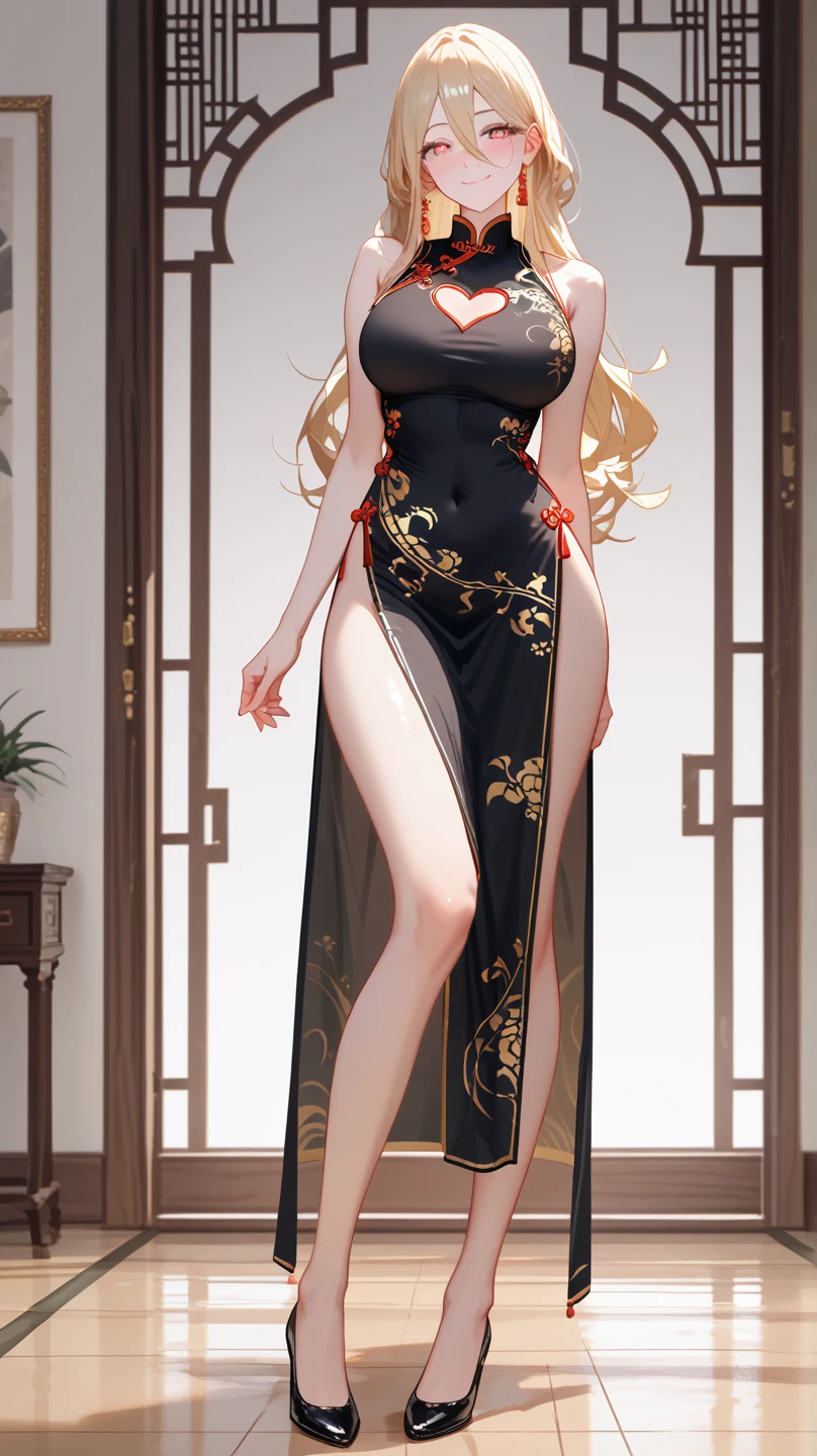 tall girl standing, milf, long hair, light brown hair, long gold dress, bare shoulder, yellow eyes, full body, slit, medium breast,