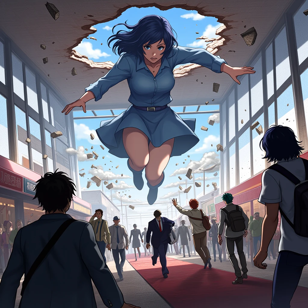  modern anime screenshot ,  during a comic convention ,  huge woman reaching out from outside 、 heading towards viewers through a big hole in the roof. Debris and smoke、Dust is scattered 、 flying through the air . people々 is fleeing in a panic .