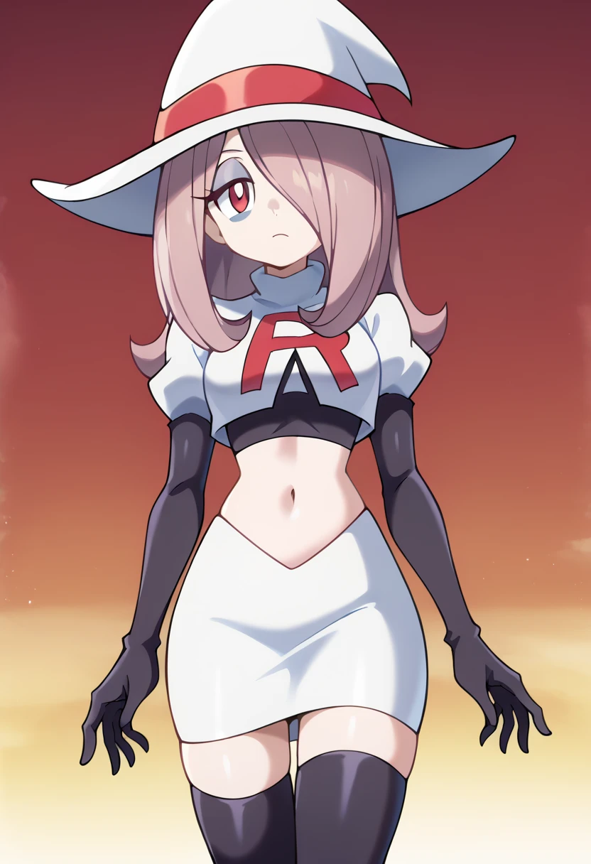 Sucy Manbavaran, solo, team rocket,team rocket uniform,white skirt,red letter R,crop top,black thigh-highs,black elbow gloves, witch hat 