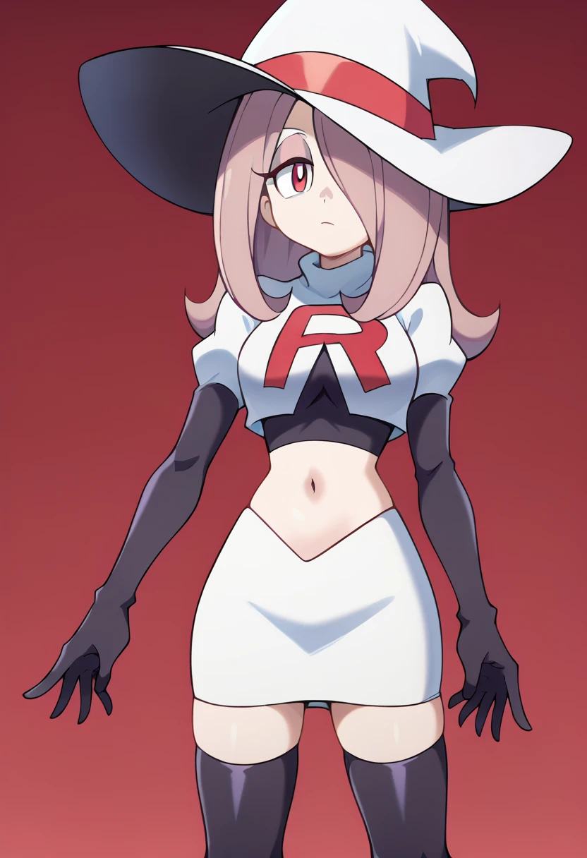 Sucy Manbavaran, solo, team rocket,team rocket uniform,white skirt,red letter R,crop top,black thigh-highs,black elbow gloves, witch hat 