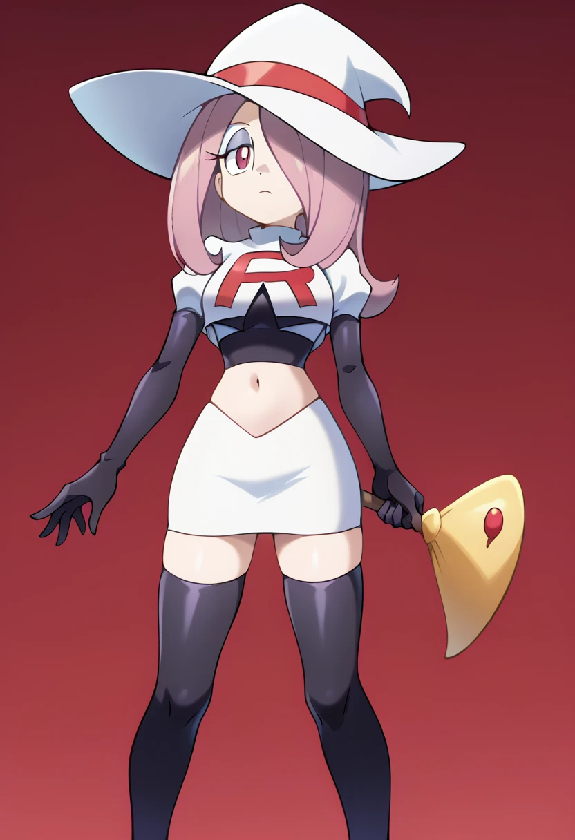 Sucy Manbavaran, solo, team rocket,team rocket uniform,white skirt,red letter R,crop top,black thigh-highs,black elbow gloves, witch hat 