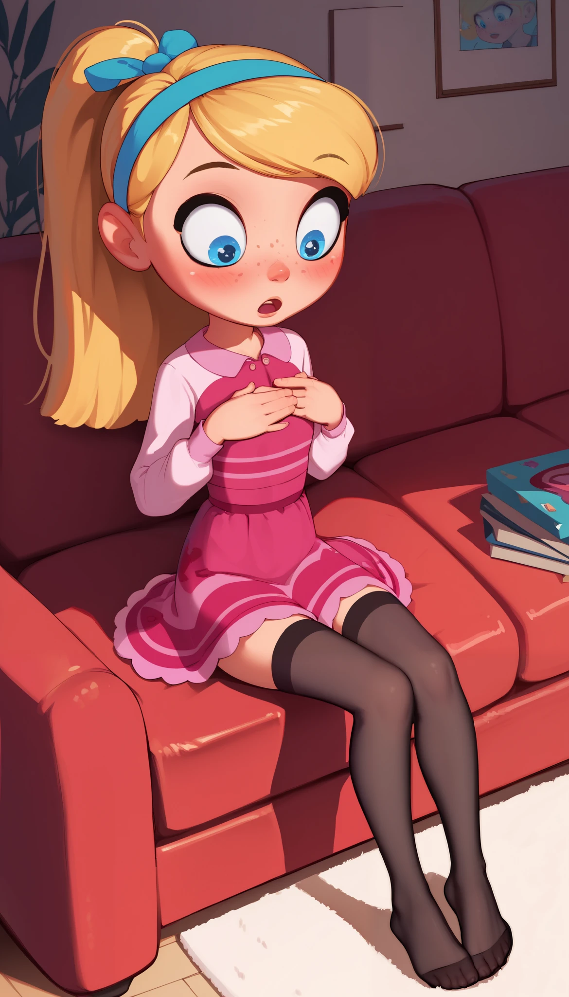 1girl, full body, solo, young girl, 9- ********, penny peterson, long hair, blue eyes, freckles, blonde hair, skirt, hairband, cyan ribbon, ponytail, black sexy stockings, pink dress, long sleeves, no shoes, score_9, score_8_up, score_7_up, score_6_up, score_5_up, sitting, sofa, sitting up, indoors, looking down, open mouth, facing you, wide eyed, small pupils, exaggerated blushing, red face, blush lines, soft lighting, flat chest, hands covering chest