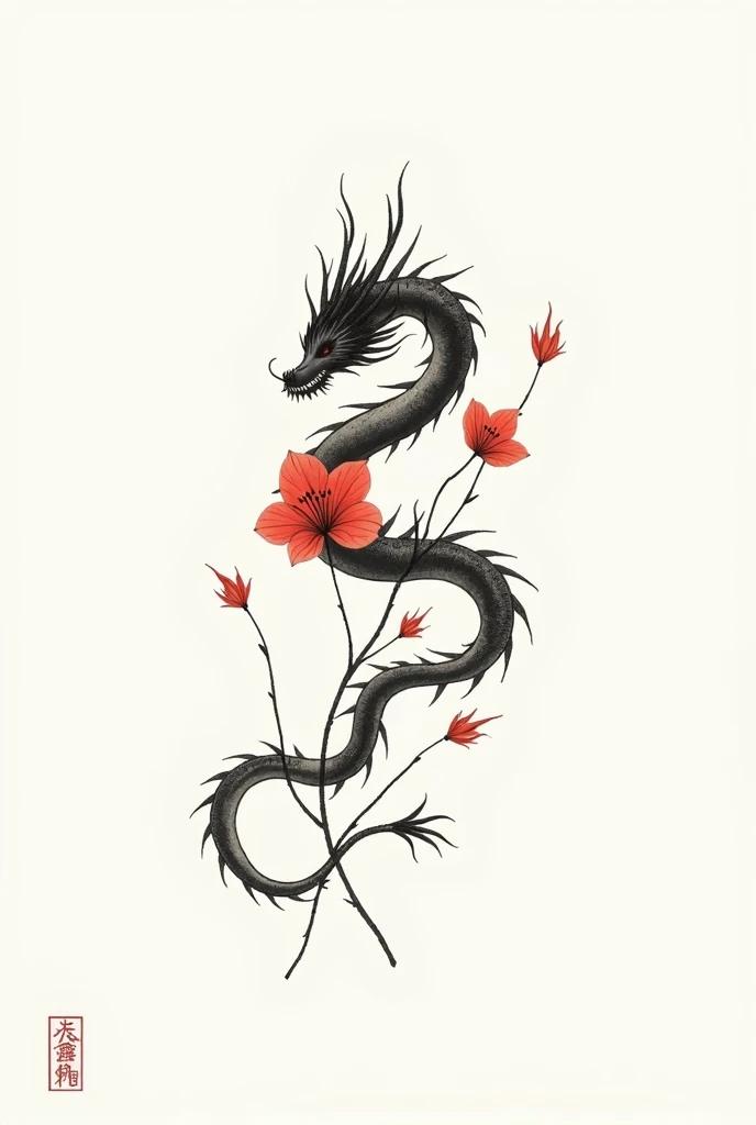 A colorless tattoo where you can detail bamboos along with a dragon and the Japanese-style hell flower