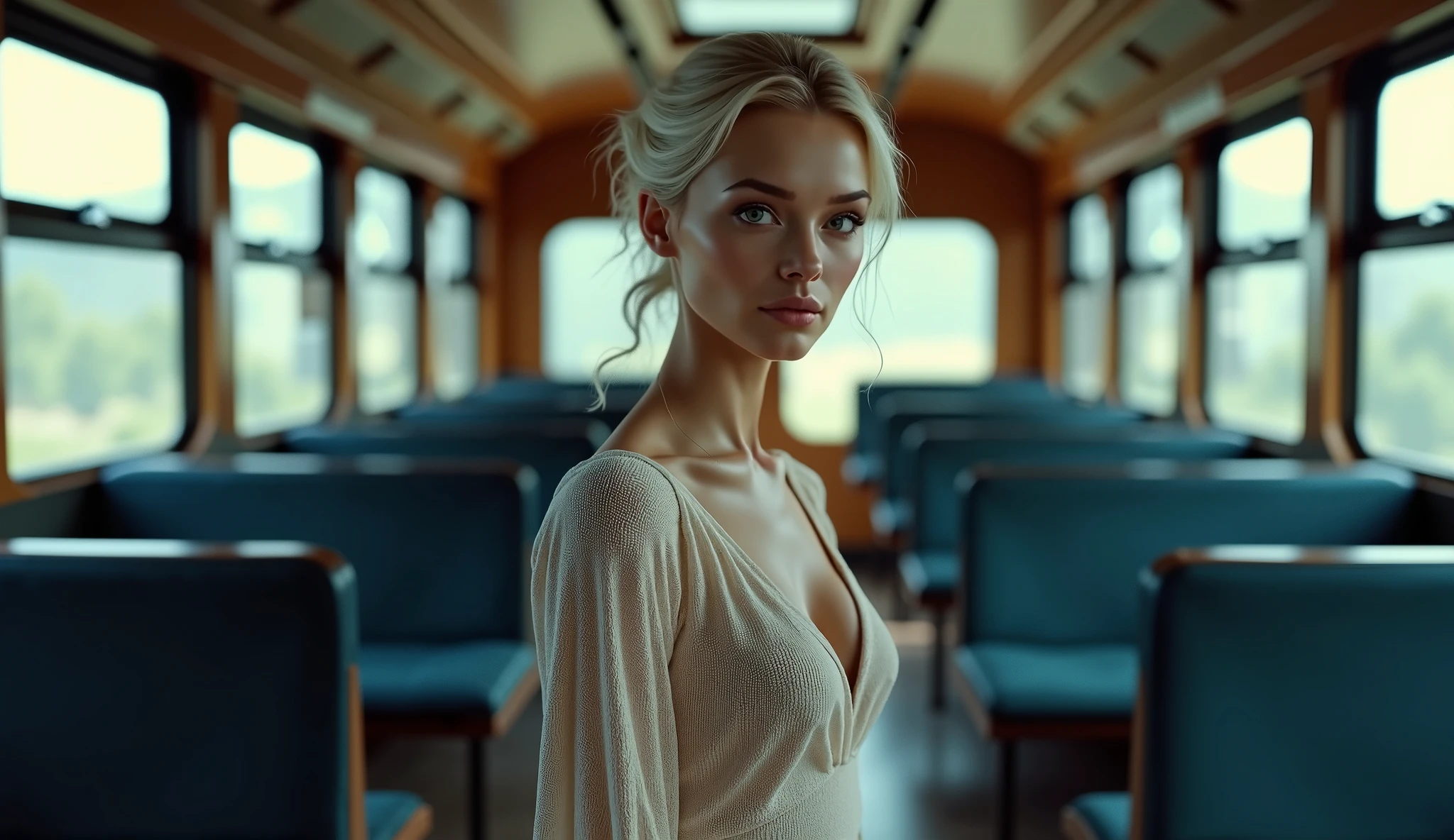 top-quality,ultra - detailed,tmasterpiece,hentail realism,photoreali,cinmatic lighting,1 girl in, A very beautiful 24 year old girl, ,thin smile, (Blue eyes),(gradient blonde hair),(a ball head) ,perfect glossy shiny skins,Flawless skin,((erotic,Sexy and sexually explicit)),((Precise pointers,There is no incongruity)), Large full breasts,Big breasts Thin waist, looki at viewer,((did not wear underwear)),((Short white transparent shirt)),(see-through thong),(((Unfasten your shirt))),,On pliers,Thong focus,((Sit up,spread their legs)),,( Diamond crystal shoes), In the daytime,On the train,Horizontal bench seat,Turn your back to the window,Place your hands on the seat,