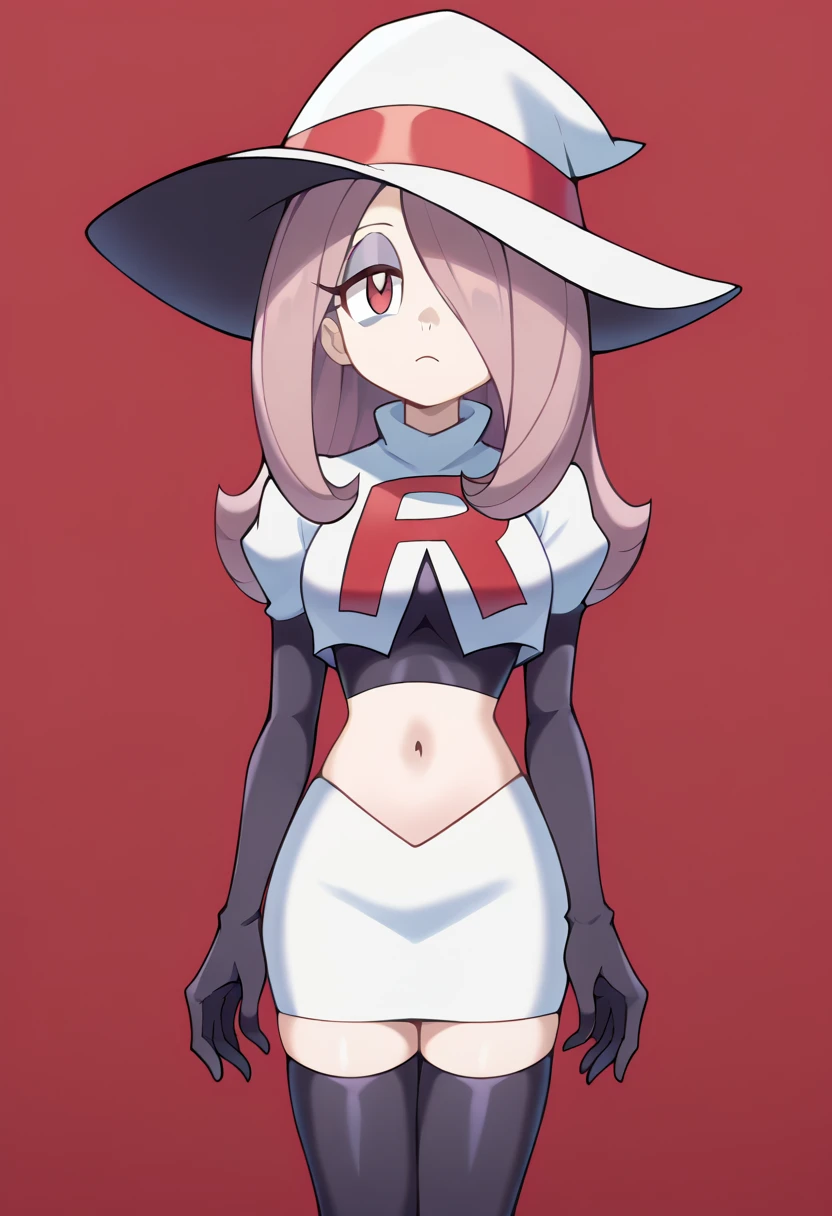 Sucy Manbavaran, solo, team rocket,team rocket uniform,white skirt,red letter R,crop top,black thigh-highs,black elbow gloves, witch hat 