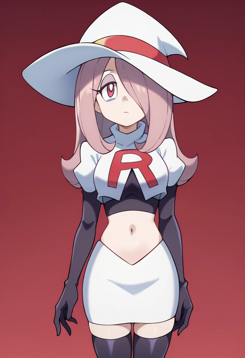 Sucy Manbavaran, solo, team rocket,team rocket uniform,white skirt,red letter R,crop top,black thigh-highs,black elbow gloves, witch hat 