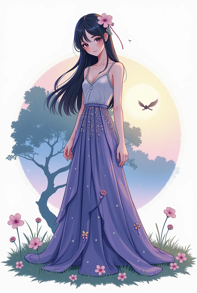  1 Woman , beautiful and cute face , whole body,  creative East Asian character design, Luxurious Layered Sequin Skirt , Color Grade, background, Night Sky,  starry sky , Large tree, Grass Square,  moonlight,  high image quality, masterpiece,  Manga Art , 