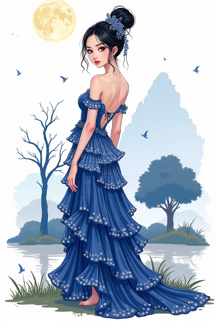  1 Woman , beautiful and cute face , whole body,  creative East Asian character design, Luxurious Layered Sequin Skirt , Color Grade, background, Night Sky,  starry sky , Large tree, Grass Square,  moonlight,  high image quality, masterpiece,  Manga Art , 