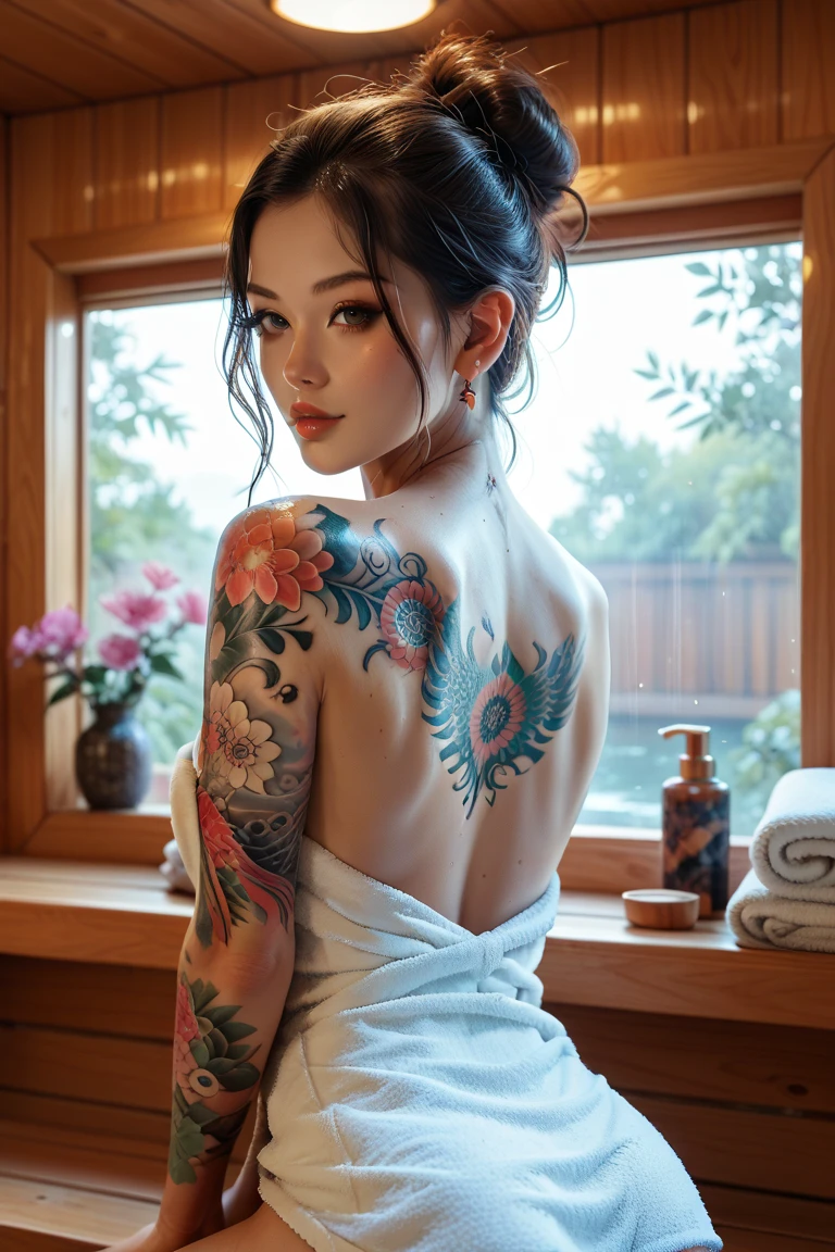 A beautiful indonesian woman, short tied hair, wearing towel, colorful dragon tattoo on her back, in the sauna room with led light, look back at the viewer, 