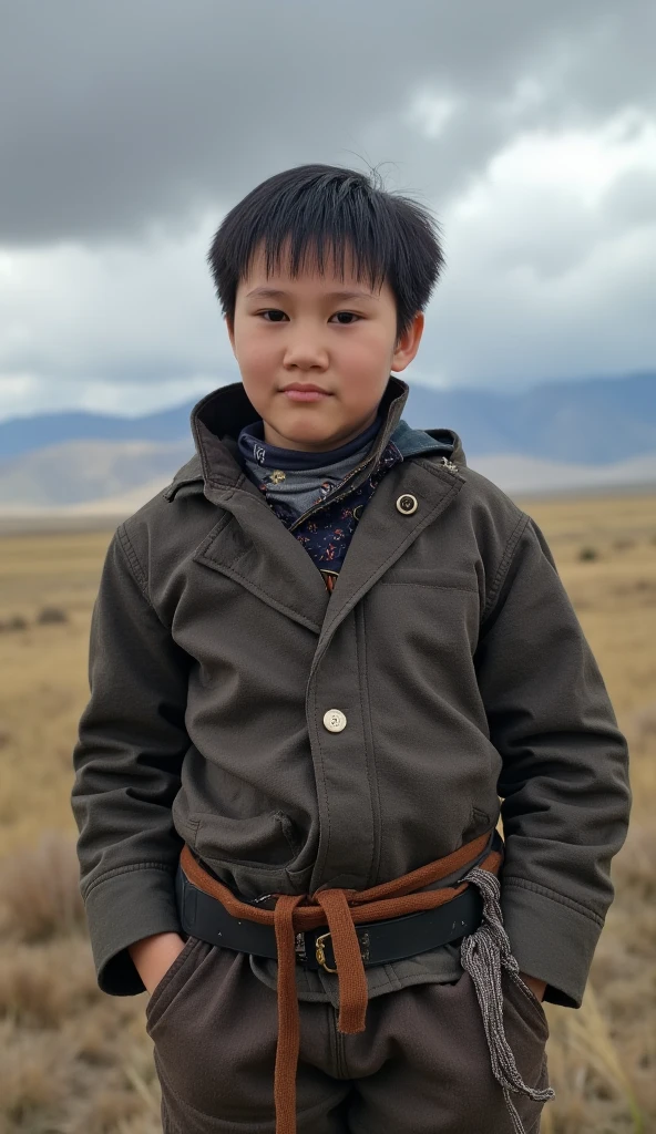 A young boy in tattered clothes with fierce determination in his eyes, standing alone against a backdrop of harsh, cold Mongolian steppes. He appears small and vulnerable yet resilient, with dark clouds looming overhead, symbolizing the hardships he faces. natphurin, a portrait photo of boy, natural skin, high quality, 16k, masterpiece, detailed face, detailed eyes