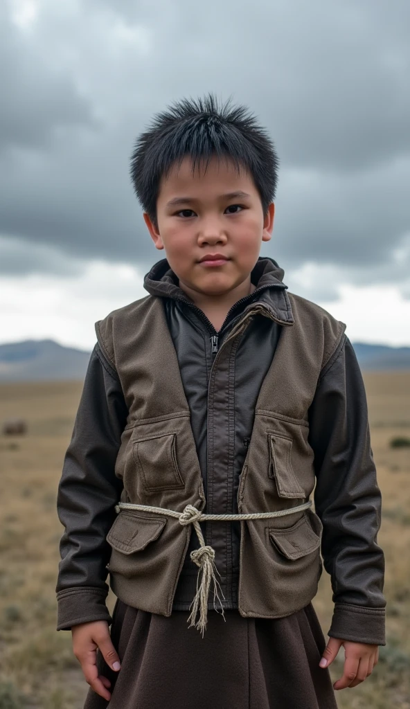 A young boy in tattered clothes with fierce determination in his eyes, standing alone against a backdrop of harsh, cold Mongolian steppes. He appears small and vulnerable yet resilient, with dark clouds looming overhead, symbolizing the hardships he faces. natphurin, a portrait photo of boy, natural skin, high quality, 16k, masterpiece, detailed face, detailed eyes