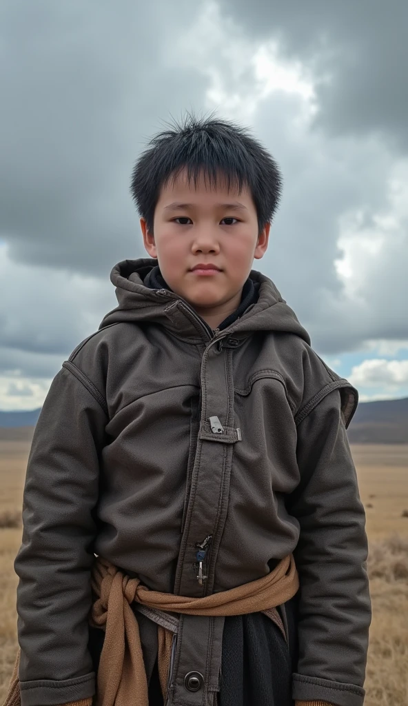 A young boy in tattered clothes with fierce determination in his eyes, standing alone against a backdrop of harsh, cold Mongolian steppes. He appears small and vulnerable yet resilient, with dark clouds looming overhead, symbolizing the hardships he faces. natphurin, a portrait photo of boy, natural skin, high quality, 16k, masterpiece, detailed face, detailed eyes