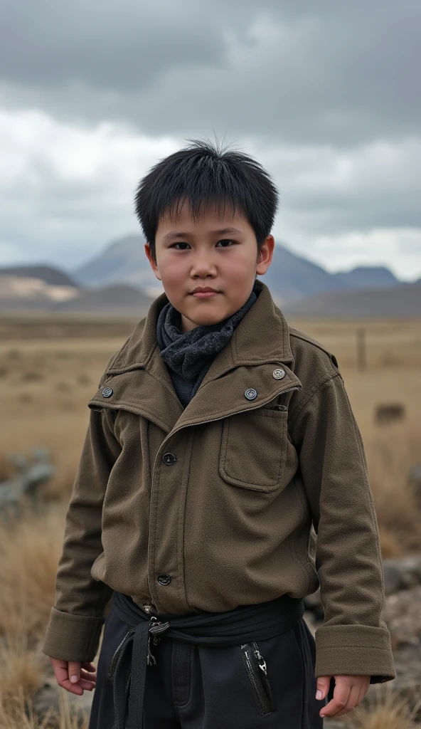 A young boy in tattered clothes with fierce determination in his eyes, standing alone against a backdrop of harsh, cold Mongolian steppes. He appears small and vulnerable yet resilient, with dark clouds looming overhead, symbolizing the hardships he faces. natphurin, a portrait photo of boy, natural skin, high quality, 16k, masterpiece, detailed face, detailed eyes