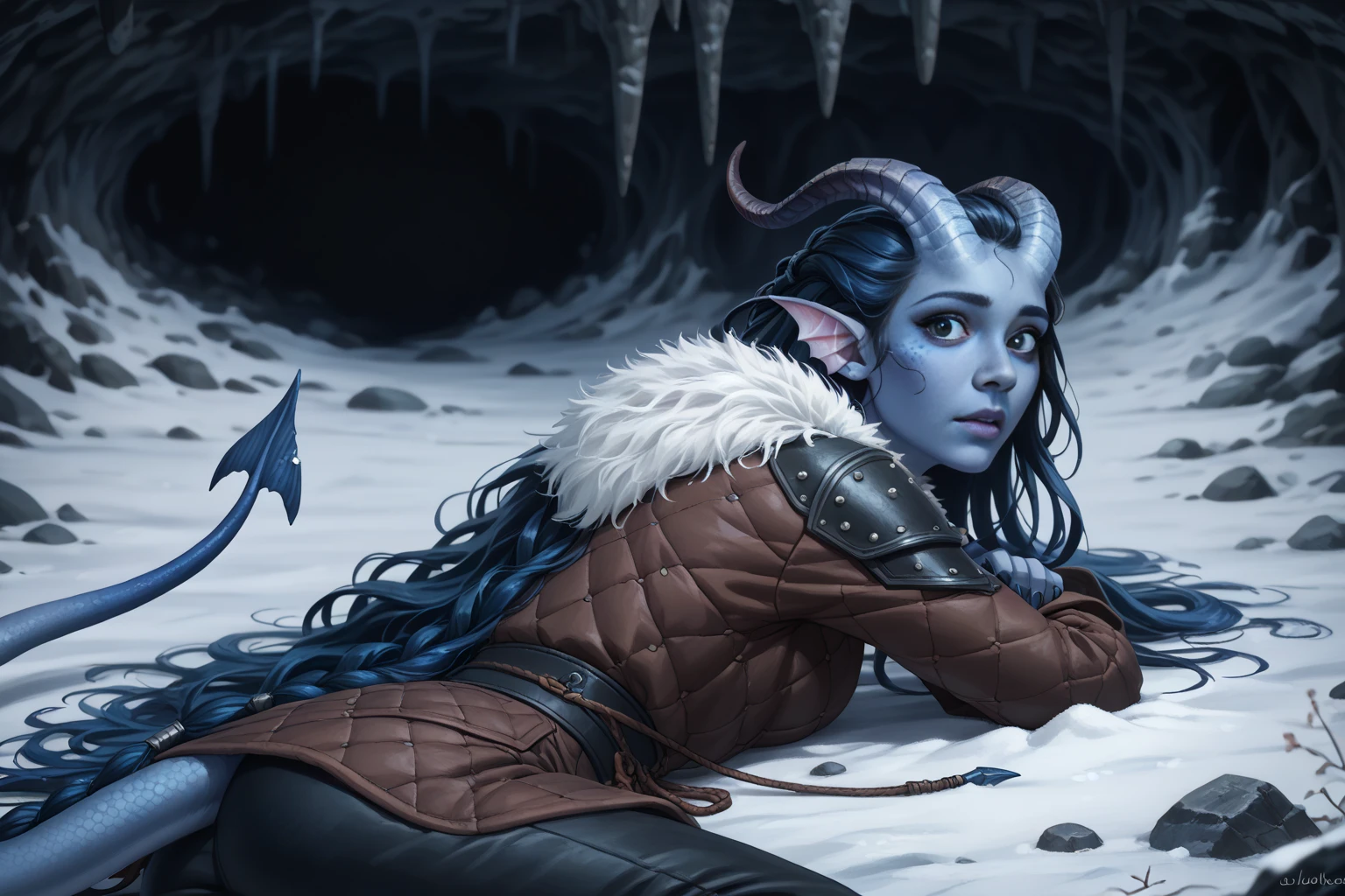 (A snow-covered cedar ,  the winter cedar forest against the background of ), (1Тiefling ,  dark blue-gray skin :1.5), ( very thick long tiefling dragon tail :1.5), ( long black flowing hair with dark blue tips:1.4), ( the bright blue-black pigmentation on the face :1.5), (blue-black freckles :1.2) , ( 2little fins on their heads :1.4), ( Black eyes :1.4), (blue pupils:1.2), ( blue-black pigmentation on the skin :1.5), ( dark grey straight short horns ), ( blue and black pigmentation on the tail :1.5),  girl  , (kind face), (на лице эмоции от coldа), (uniform leather fur medieval pants :1.3), (coldно:1.2), [curiosity ], (35 years old:1.5), (adult:1.2), (Deep look:1.3), (looks back in fright:1.2), ( fur collar armor), ( fur armor ), (chainmail), (you can see pigmentation on his shoulder ), (tail protection), (short trench coat), [ snowy winter ], (in a dark, scary cave, :1.4), (lies in front of a lying broken stone slab:1.3), (visible in full), (dynamic pose:1.1), (очень coldно), (dark:1.2), (blizzard,  snow , cold) , ( top quality ), ( masterpiece fails), ( highest detail),  fantasy background, blue tones, Dark tones, dark shades,  muted colors, [Night], (a dark scary cave in the background).