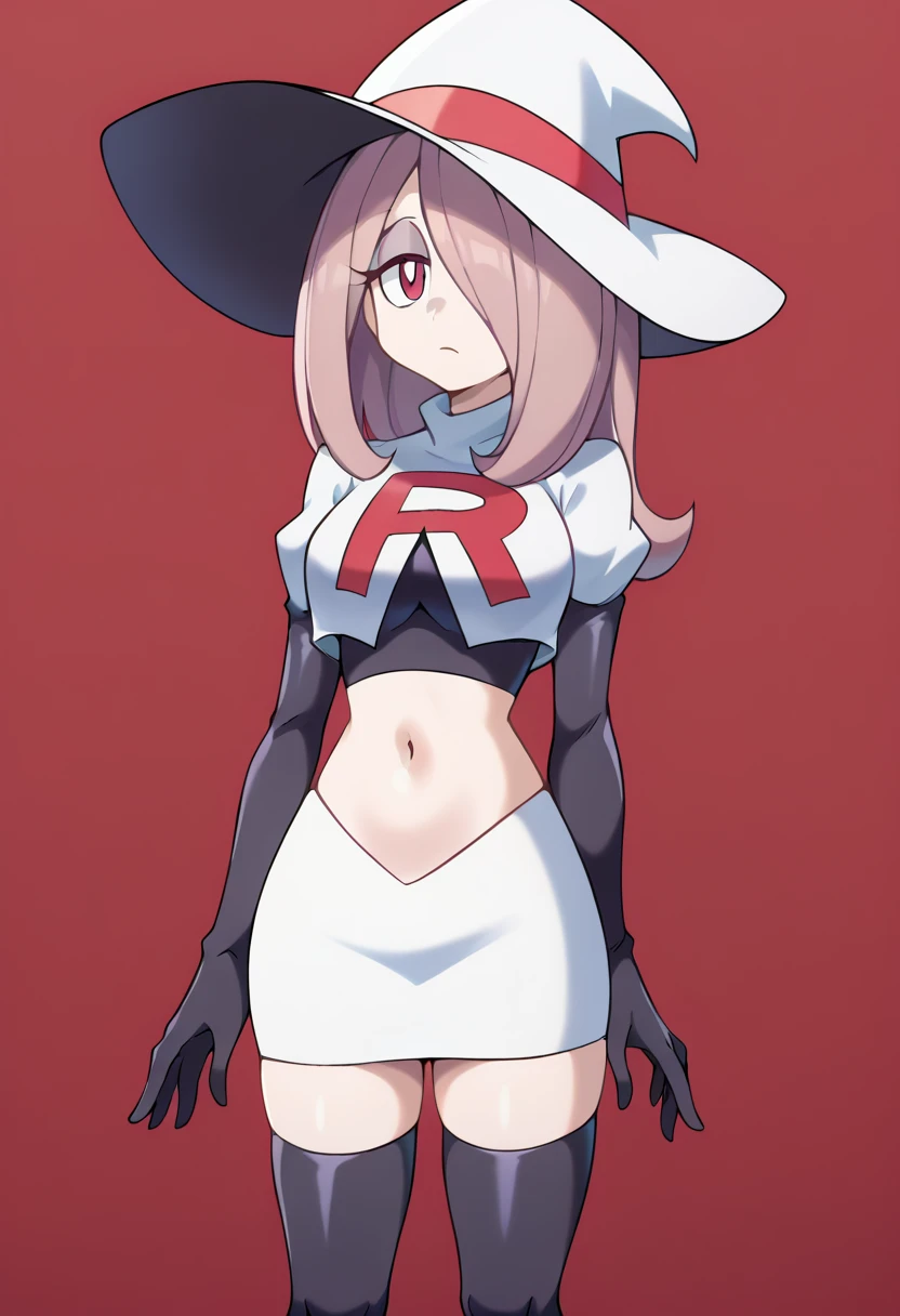 Sucy Manbavaran, solo, team rocket,team rocket uniform,white skirt,red letter R,crop top,black thigh-highs,black elbow gloves, witch hat 