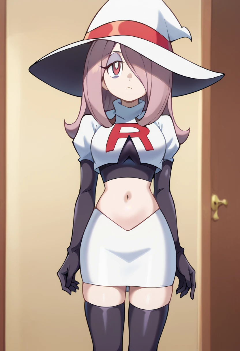 Sucy Manbavaran, solo, team rocket,team rocket uniform,white skirt,red letter R,crop top,black thigh-highs,black elbow gloves, witch hat 