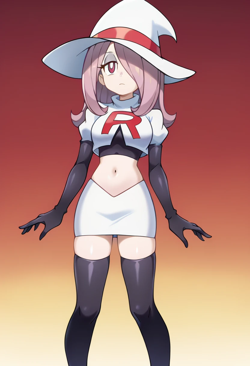 Sucy Manbavaran, solo, team rocket,team rocket uniform,white skirt,red letter R,crop top,black thigh-highs,black elbow gloves, witch hat 