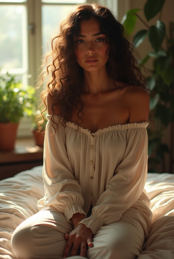 (photorealism:1.2), beautiful woman, sitting on bed, wearing loose off-shoulder top, pajama pants, long curly hair, indoors, soft lighting, plants in background, window with sunlight, cozy room, relaxed pose, realistic, intricate details, warm colors, by Greg Rutkowski, by Alphonse Mucha