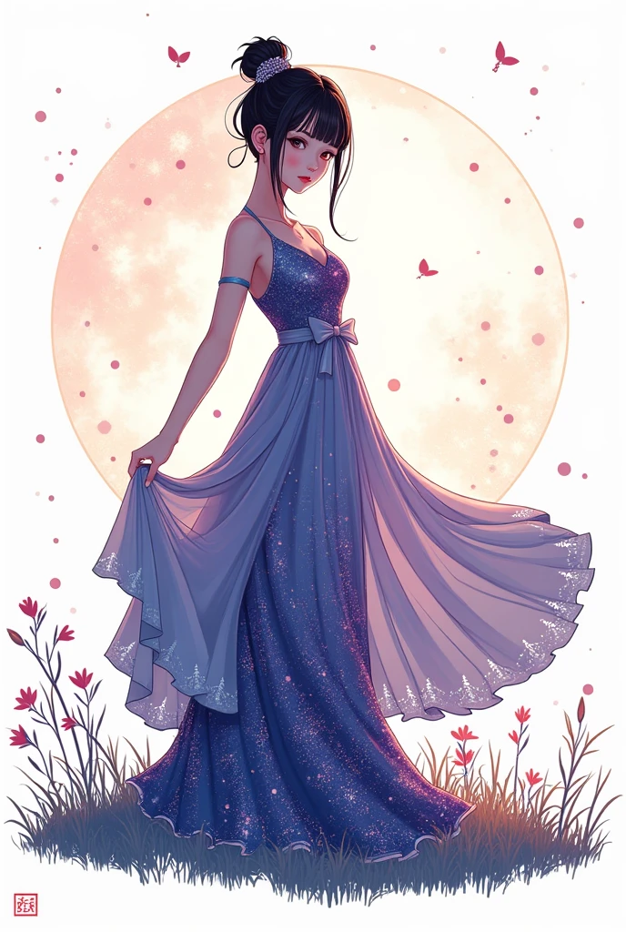  1 Woman , beautiful and cute face , whole body,  creative East Asian character design, Luxurious Layered Sequin Skirt , Color Grade, background, Night Sky,  starry sky , Large tree, Grass Square,  moonlight,  high image quality, masterpiece,  Manga Art , 