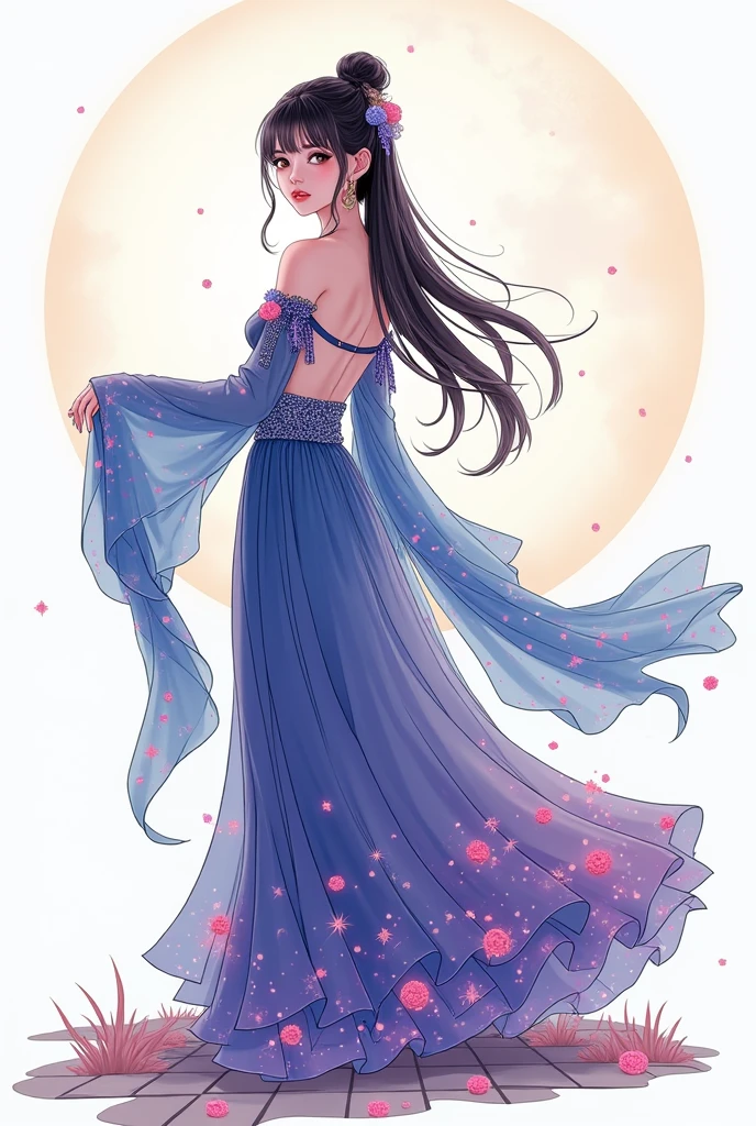  1 Woman , beautiful and cute face , whole body,  creative East Asian character design, Luxurious Layered Sequin Skirt , Color Grade, background, Night Sky,  starry sky , Large tree, Grass Square,  moonlight,  high image quality, masterpiece,  Manga Art , 