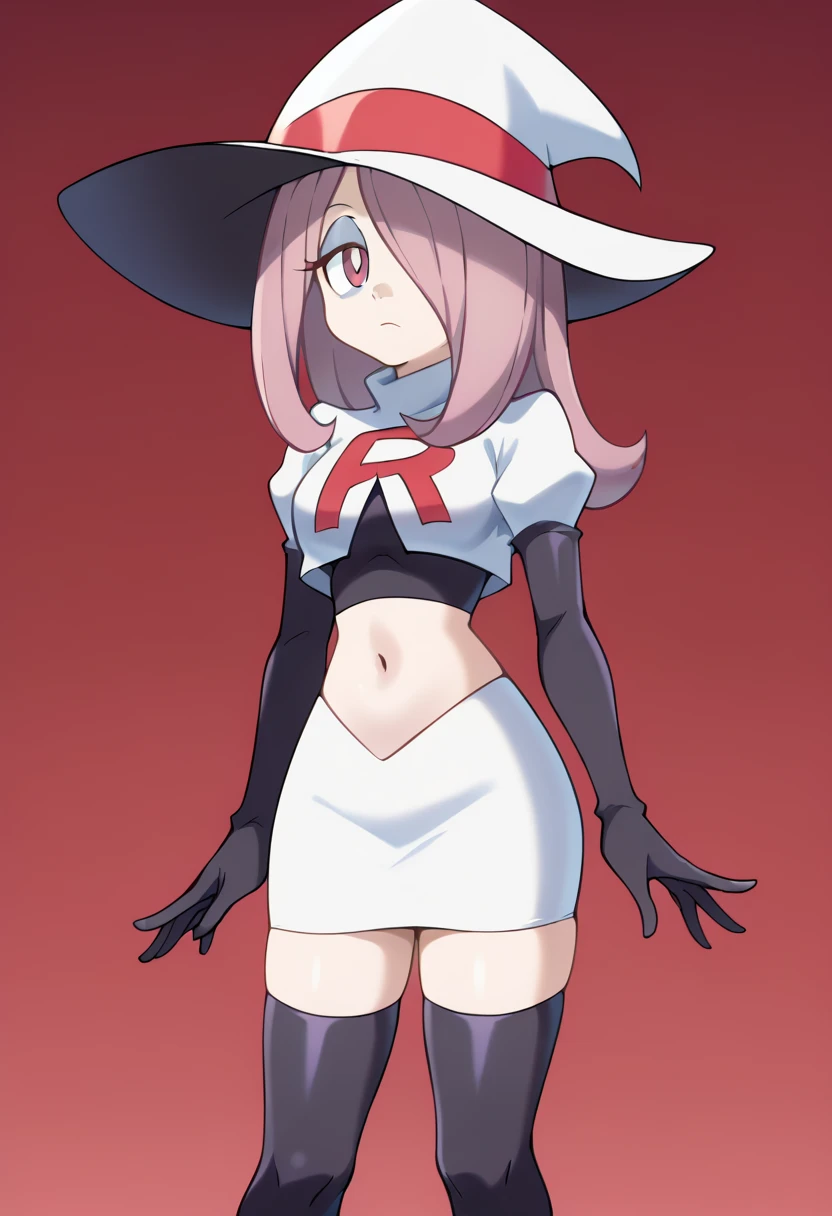 Sucy Manbavaran, solo, team rocket,team rocket uniform,white skirt,red letter R,crop top,black thigh-highs,black elbow gloves, witch hat 