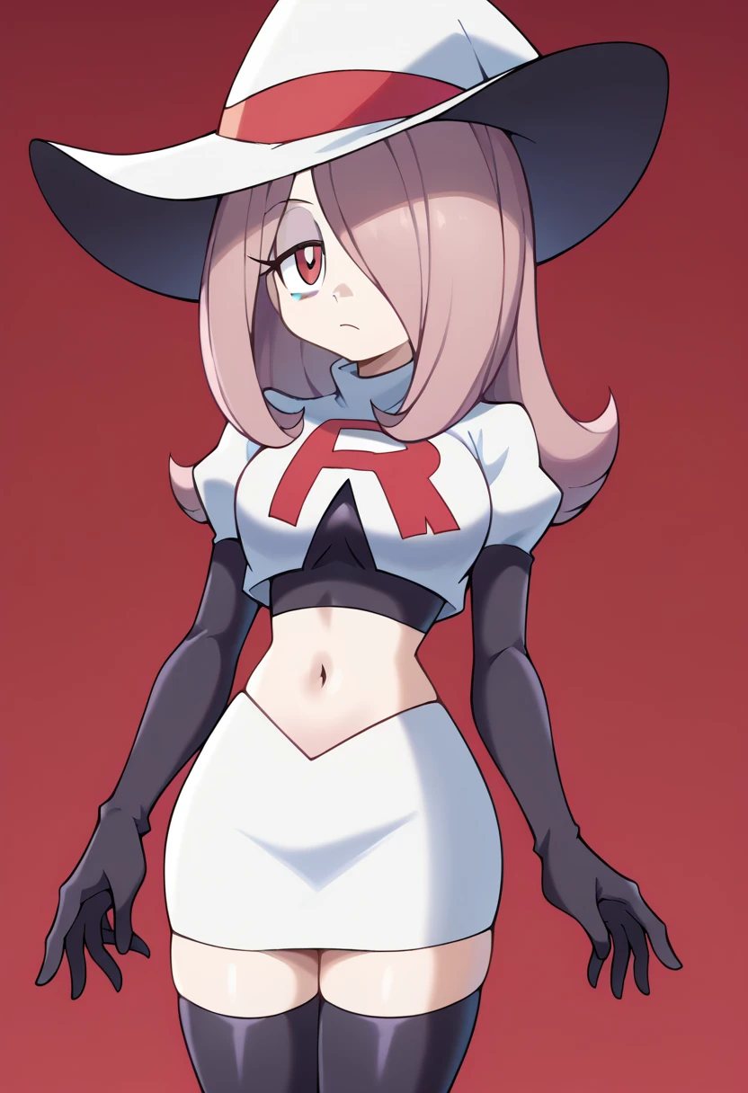 Sucy Manbavaran, solo, team rocket,team rocket uniform,white skirt,red letter R,crop top,black thigh-highs,black elbow gloves, witch hat 