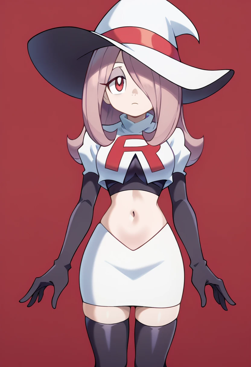 Sucy Manbavaran, solo, team rocket,team rocket uniform,white skirt,red letter R,crop top,black thigh-highs,black elbow gloves, witch hat 