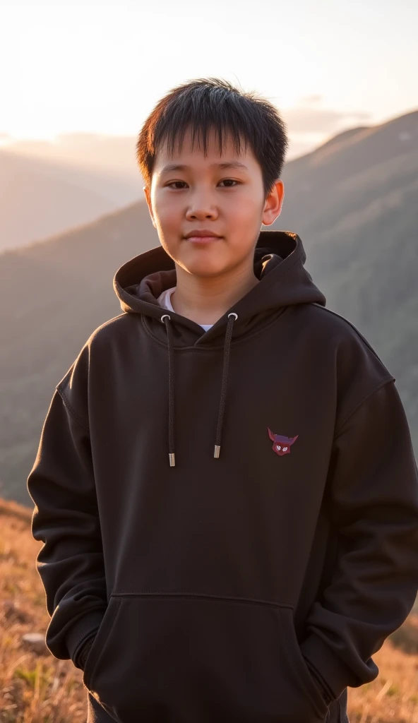 natphurin, a portrait photo of  boy, natural skin, high quality, 16k, masterpiece, detailed face, detailed eyes, detailed lips,  boy in attitude standing in hight mountain sunrise view in hoody dress 