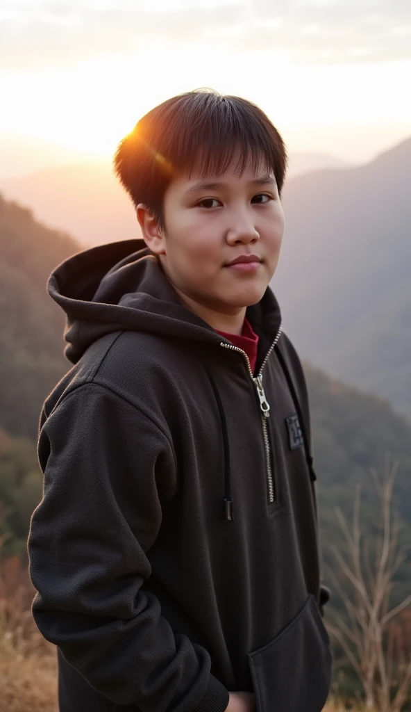 natphurin, a portrait photo of  boy, natural skin, high quality, 16k, masterpiece, detailed face, detailed eyes, detailed lips,  boy in attitude standing in hight mountain sunrise view in hoody dress 