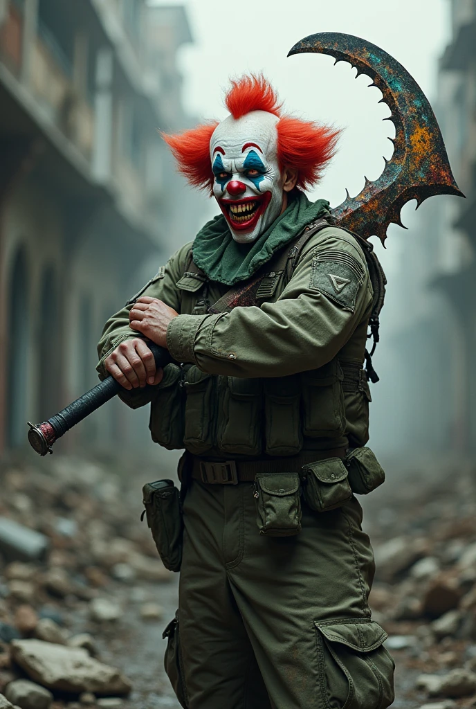 Photo of (terrifying) hulking male slasher covered in blood in a cornfield, clown mask, white-tank-top, lightening, rain, dramatic lighting, (low angle shot), detailed, high quality, high resolution, 8k, high saturation