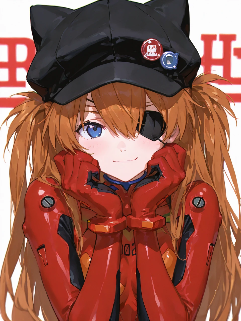 (masterpiece,  top quality ),      1 girl,    ,,       Neon Genesis Evangelion    、     Shikinami Asuka Langley、     red plug suit     、     eye patch、(Cat hat、black)、smile、   Pose with hands in front 