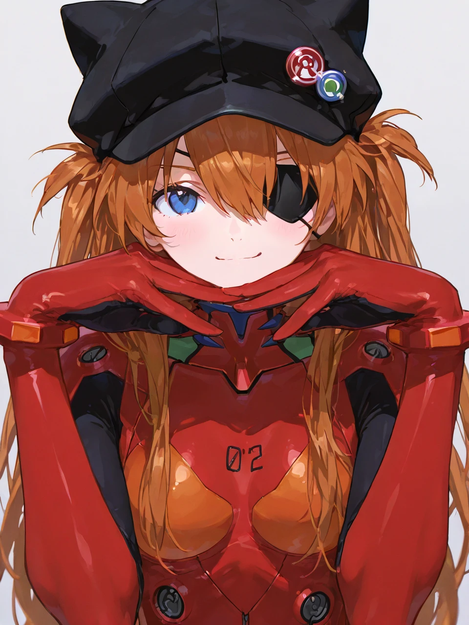 (masterpiece,  top quality ),      1 girl,    ,,       Neon Genesis Evangelion    、     Shikinami Asuka Langley、     red plug suit     、     eye patch、(Cat hat、black)、smile、   Pose with hands in front 