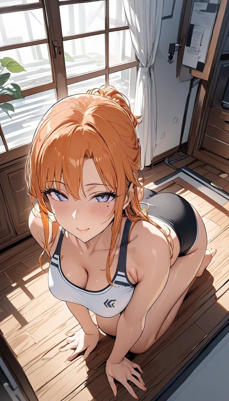 nsfw,1scene,cnc,High quality,Ultra-high resolution,High-definition illustrations,Masterpiece,extremely detailed,(orange hair), undersize yoga top and yoga shorts, at home ,Medium breasts,beautyfull curvy,mole under eye, gentle smile, (asunama), kneel on floor, lean forward, big ass, (from above)