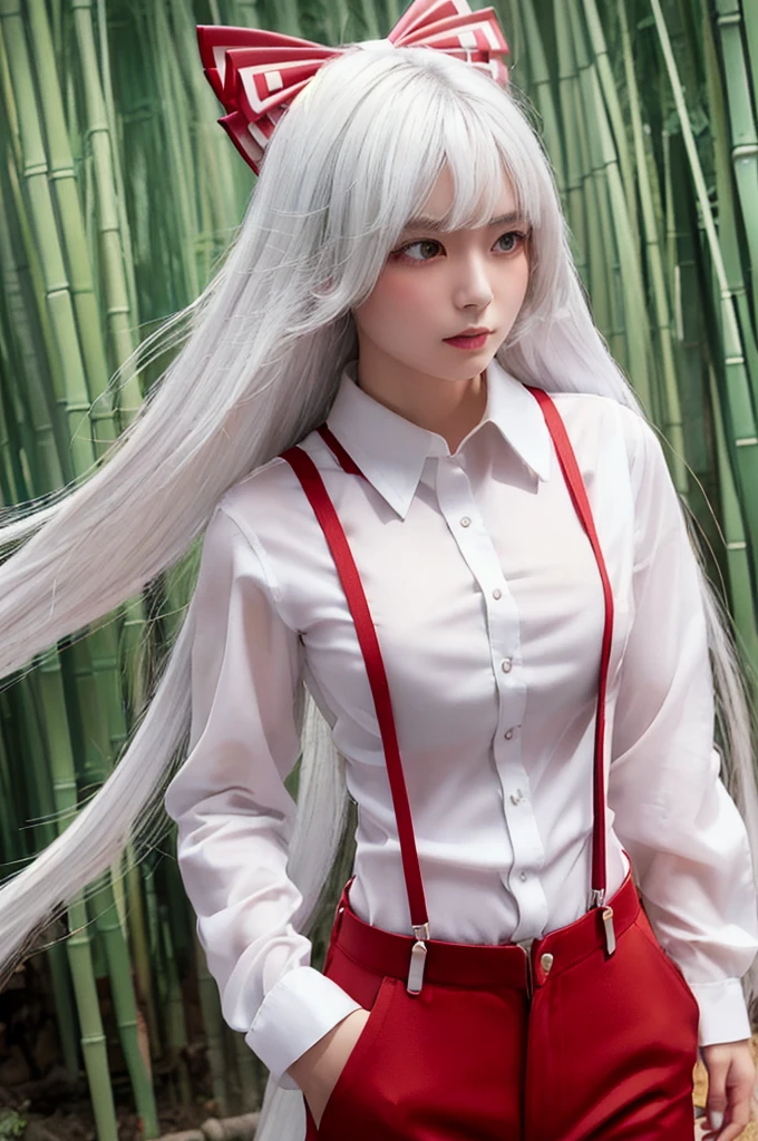 (masterpiece,  top quality :1.3), (the above:1.3), Fujiwara no Moko , Touhou Series, perfect face, expressive eyes,  1 girl,  viewers, ,  beautiful, ( white Hair,  long hair,  white shirt, head ribbon, red pants :1.3), (Looks bad:1.5), ( cinematic lighting,  realistic ,  dreamy,  Fascinating Atmosphere :1.5), (moonlight streaming in, In the bamboo forest, Midnight, Big full moon:1.3), ( full body shot) , (Red pants with white banknotes ),(flat chest) ,( red suspenders),(( small tits))