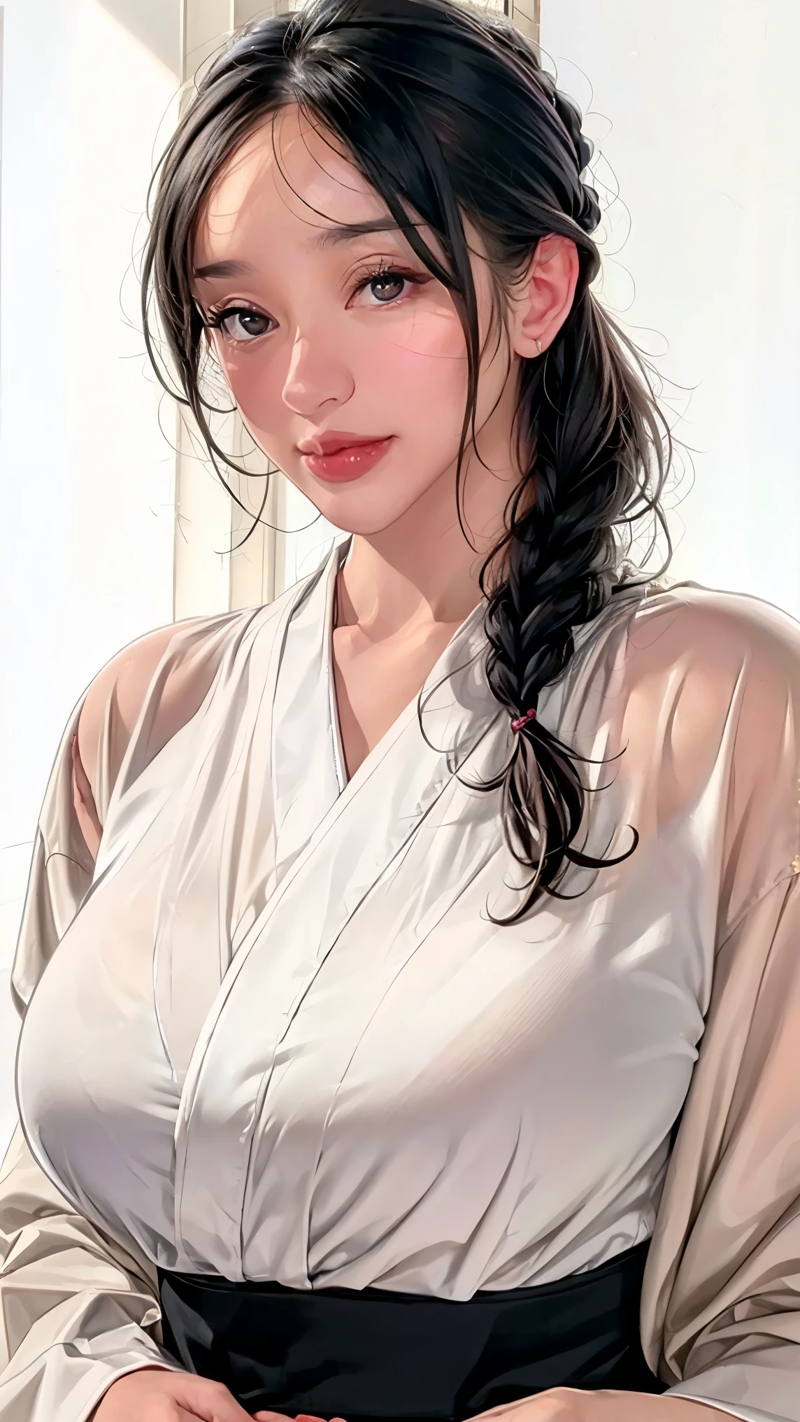 （（（perfect figure，figure，Alone， （（（White kimono,long sleeves, wide sleeves, ））），（（（black hair, long hair, hair pulled back,parted lips,black eyes, Single braid,））），((masterpiece)),high resolution, ((Best quality at best))，masterpiece，quality，Best quality，（（（ Exquisite facial features，Looking at the audience,There is light in the eyes，(（（LOL，Happy，））），））），（（（Light and shadow，huge breasts））），（（（Looking at the camera，White background，Close-up of face，)））