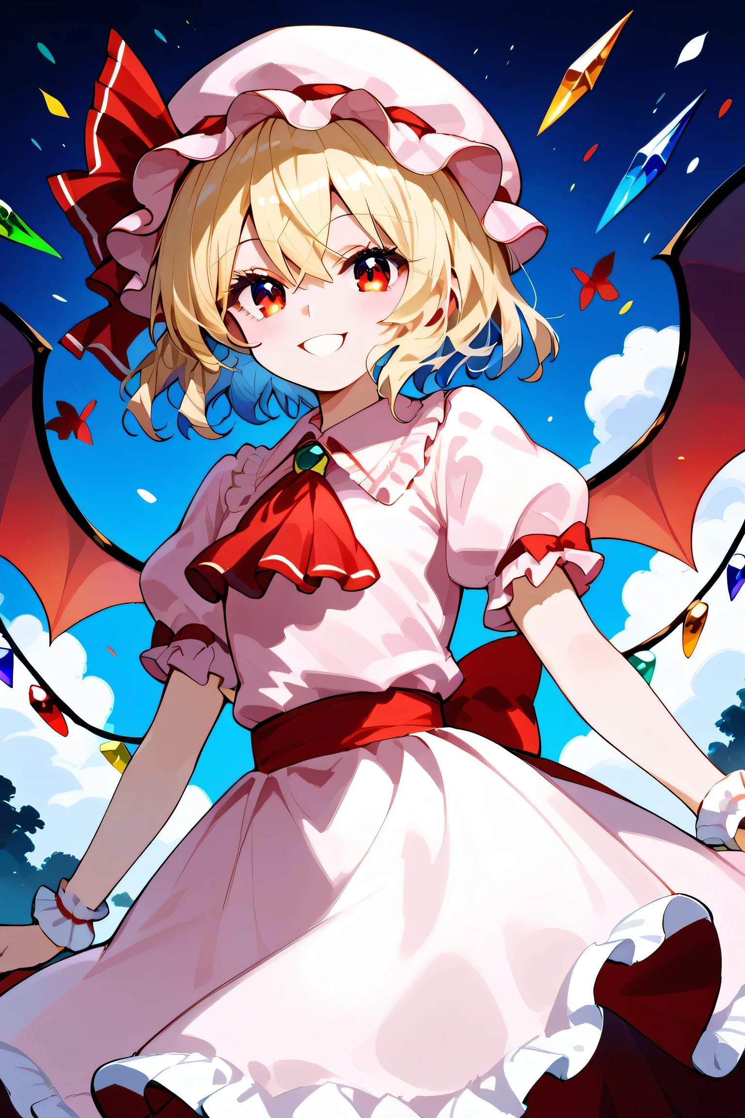 masterpiece, best quality, 21 year old model, eyelashes, (beautiful eyes),     ,,,2girls,  zzRemilia, red eyes, blue hair, short hair, hat, ribbon, wings, ascot, hat ribbon, pink dress, bat wings, short sleeves, frills, puffy sleeves, zzFlandre, red eyes, blonde hair, one side up, hair between eyes,  wings, ascot, red skirt, hat ribbon, short sleeves, puffy sleeves, mob cap, red shirt,  dynamic pose, cowboy shot, smile, looking at viewer, shiny skin,