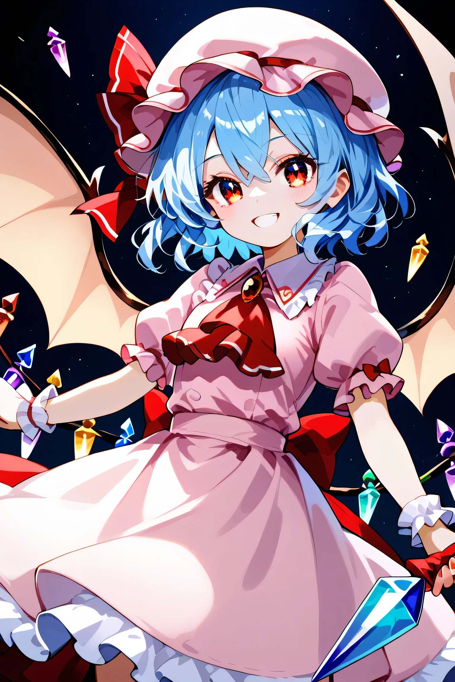 masterpiece, best quality, 21 year old model, eyelashes, (beautiful eyes),     ,,,2girls,  zzRemilia, red eyes, blue hair, short hair, hat, ribbon, wings, ascot, hat ribbon, pink dress, bat wings, short sleeves, frills, puffy sleeves, zzFlandre, red eyes, blonde hair, one side up, hair between eyes,  wings, ascot, red skirt, hat ribbon, short sleeves, puffy sleeves, mob cap, red shirt,  dynamic pose, cowboy shot, smile, looking at viewer, shiny skin,