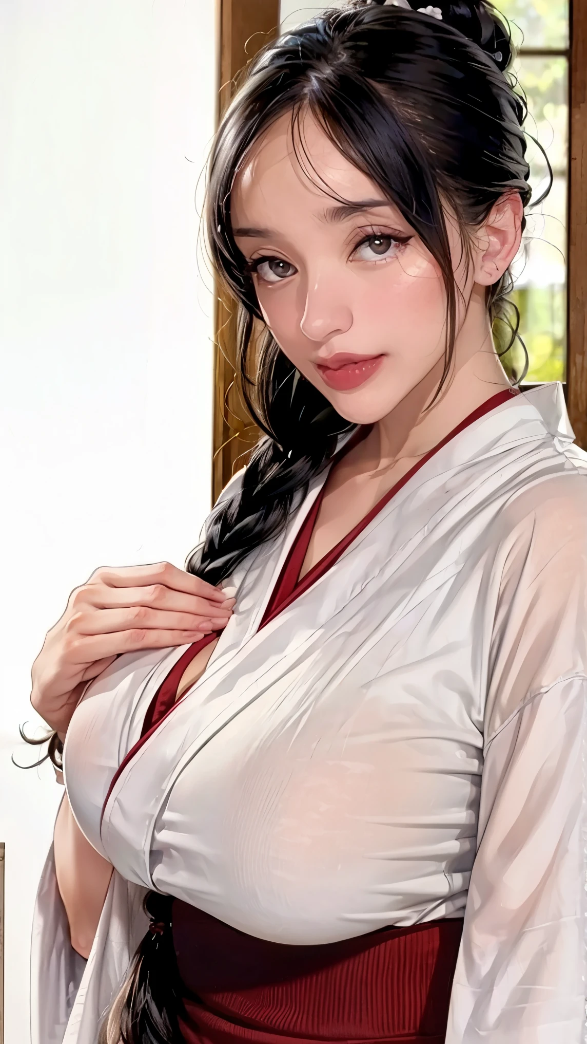 （（（perfect figure，figure，Alone， （（（White kimono,long sleeves, wide sleeves, ））），（（（black hair, long hair, hair pulled back,parted lips,black eyes, Single braid,））），((masterpiece)),high resolution, ((Best quality at best))，masterpiece，quality，Best quality，（（（ Exquisite facial features，Looking at the audience,There is light in the eyes，(（（LOL，Happy，））），））），（（（Light and shadow，huge breasts））），（（（Looking at the camera，White background，Close-up of face，)））