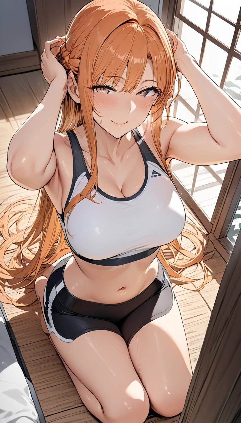 nsfw,1scene,cnc,High quality,Ultra-high resolution,High-definition illustrations,Masterpiece,extremely detailed,(orange hair), undersize yoga top and yoga shorts, at home ,Medium breasts,beautyfull curvy,mole under eye, gentle smile, (asunama), Lied down on floor, hands above head, from above