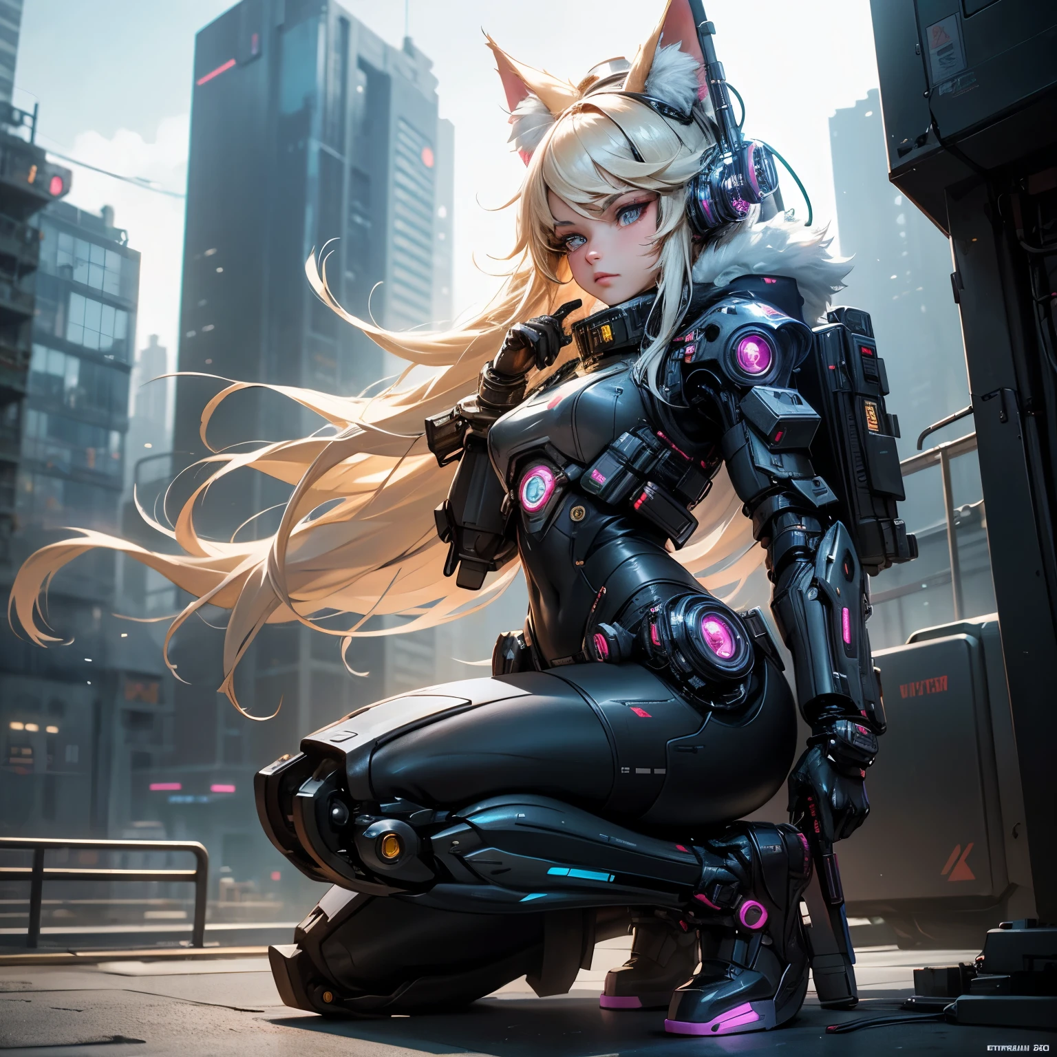 masterpiece, best quality, 1girl, skinny waist, cute, glamourous, elegant, busty lips, lipstick, ???? makeup, white highliner, sparkling eyes, ???? eyes, seductive eyes, beautiful detailed eyes, beautiful detailed nose, super long white hair, movement in hair, beautiful face, small ????,  huge cleavage, ???? legs, thick thighs,   cybernetic white fox ears, white  ????????, dynamic pose, floating in the air, cybernetic white fox tail, modern spacecraft interior background,  window of galactic space fight,