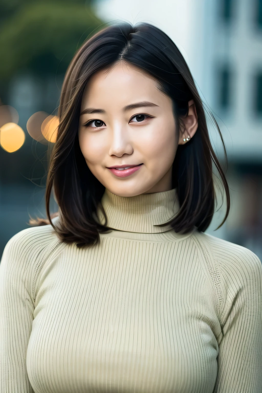 ( realistic :1.4), One Girl ,(I'm wearing a khaki turtleneck sweater),(Big Breasts), upper body,( RAW photo, top quality ), ( realistic , photo- realistic :1.4), masterpiece, is very delicate and beautiful, 非常に Detailsな, 2k wallpaper, wonderful, Details, very Detailed CG Unity 8k wallpaper, Super details, high res, Soft light, Beautiful Details girl, Very Detailed Eyes and Faces, nose expressed in beautiful details, beautiful details, movie lighting, Perfect Anatomy, slender body,smile、