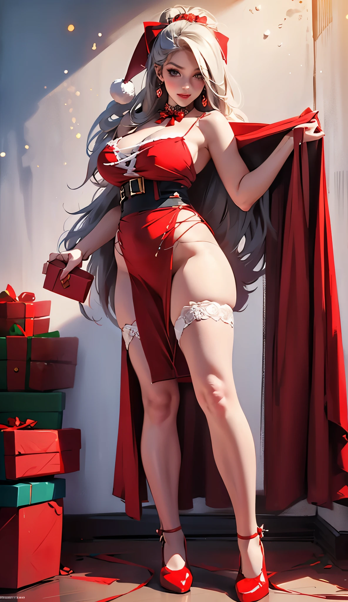 ,((see through)), extremely detailed,(((visible white thong))), red heels, (((Christmas))), (((standing))), ((Christmas)) ((winter forest)), (sexy costume),sexy teen, 14 years old, small breasts, Loli , small talls, ((masterpiece)) , cute body, Long velvet cape with white fur trimming, attached hood and white rope front tie. Red underwear, bra and string, white stockings , short green curvy hair, green clean eyes,