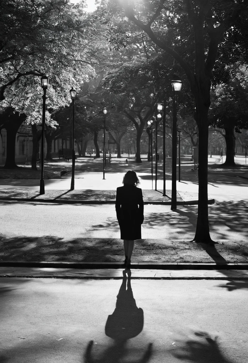 Black and white image of a woman walking down a street in a park, standing on the street, standing on the street, by Clifford Ross, standing on the street, by Caro Niederer, standing on the street, a woman walking, walking away from the camera, standing on the street, she is passing through a city in shadows, by Tamas Galambos